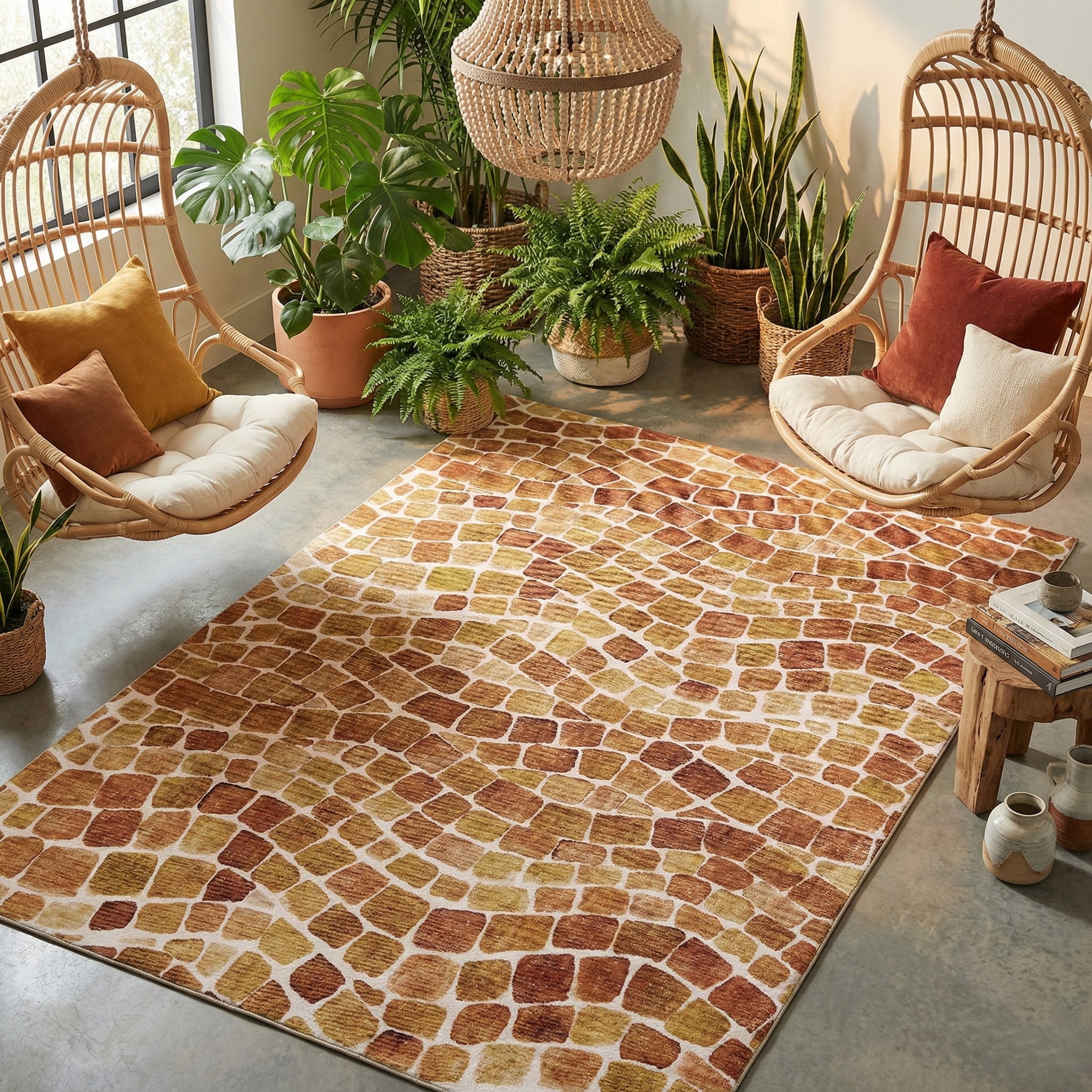 ReaLife Machine Washable Indoor Outdoor - Mat Rug Foldable Printed Thin Lightweight Cushioned Fade Resistant Patio Deck Dock Porch Pool Balcony Camping - Emery - Red Orange 5' x 7'