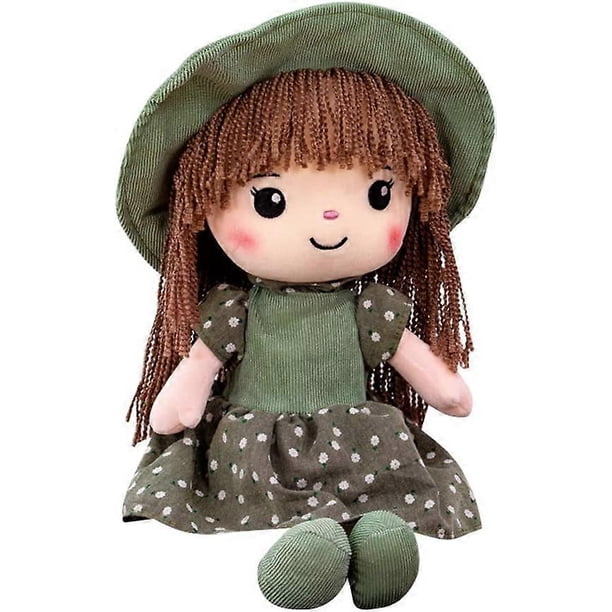 Fluffy Rag Doll Plush Stuffed Toy Soft Gifts with Hat Skirt Princess , Little Girls Sleeping Partner Companion Toys for Gifts Green