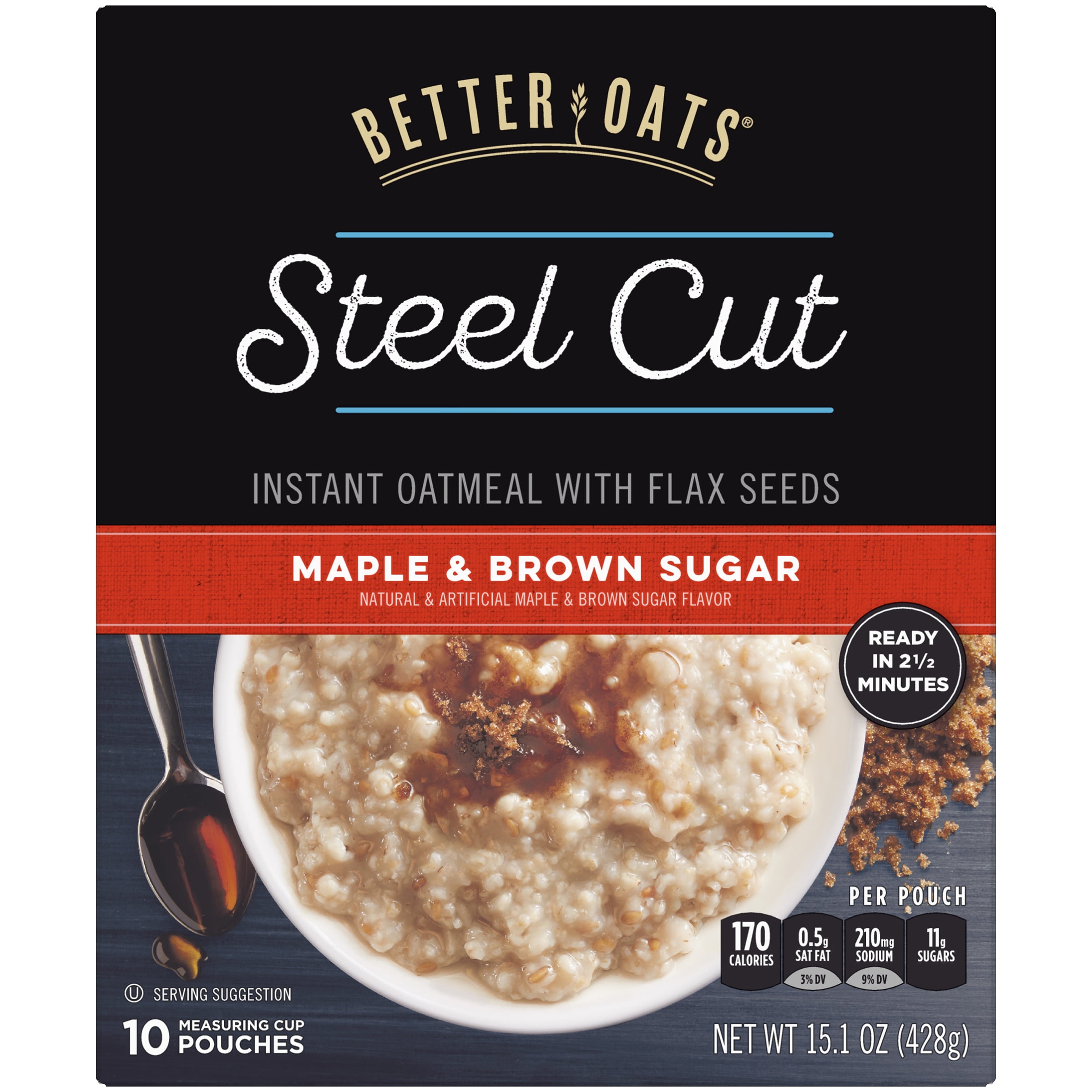 Better Oats Maple and Brown Sugar Steel Cut Oatmeal Packets with Flax Seeds, 10 Instant Oatmeal Packets, 15.1 OZ Pack