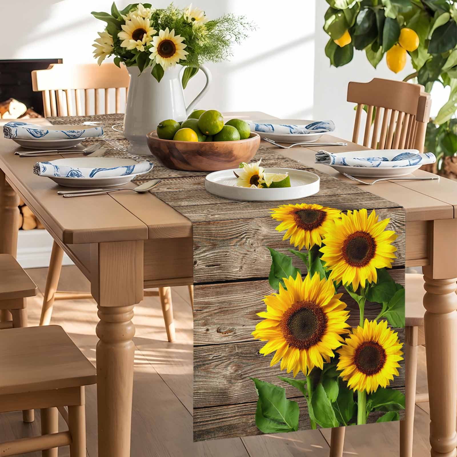 Farmhouse Sunflowers Leaves on Wood Plank Table Runner 90 Inches Long, Rural Floral Table Runners Tabletop Scarf Kitchen Dining Tables Decoration for Home Party Indoor Outdoor
