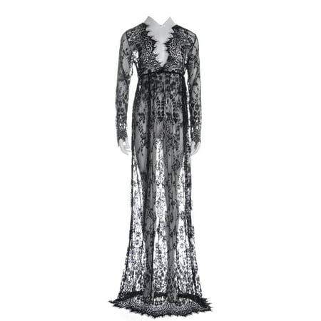 

LSFYSZD See Through Lace Maternity Dress Long Sleeve Deep V-Neck Solid Color Maternity Maxi Dress