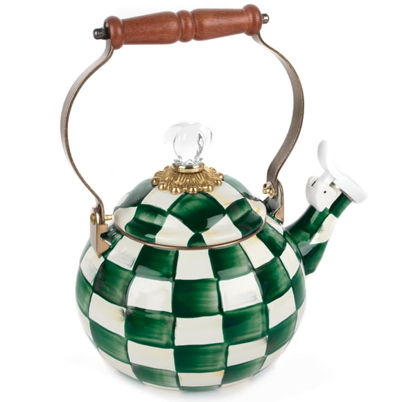 Tetera Whistling MACKENZIE-CHILDS esmaltada en verde y blanco