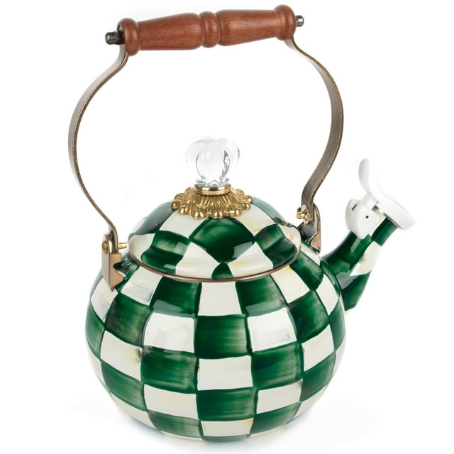 Tetera Whistling MACKENZIE-CHILDS esmaltada en verde y blanco