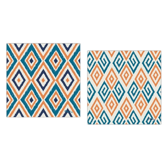 Teal, Orange and Navy Blue Indigo Ikat Patterned Prints; Two 12x12 Poster Prints