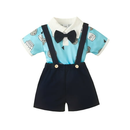 

Kids Boy Outfits Clothes Short Sleeve Cartoon Prints Bow Tie Romper Shorts Pants Set Suspenders Champagne Track Suit