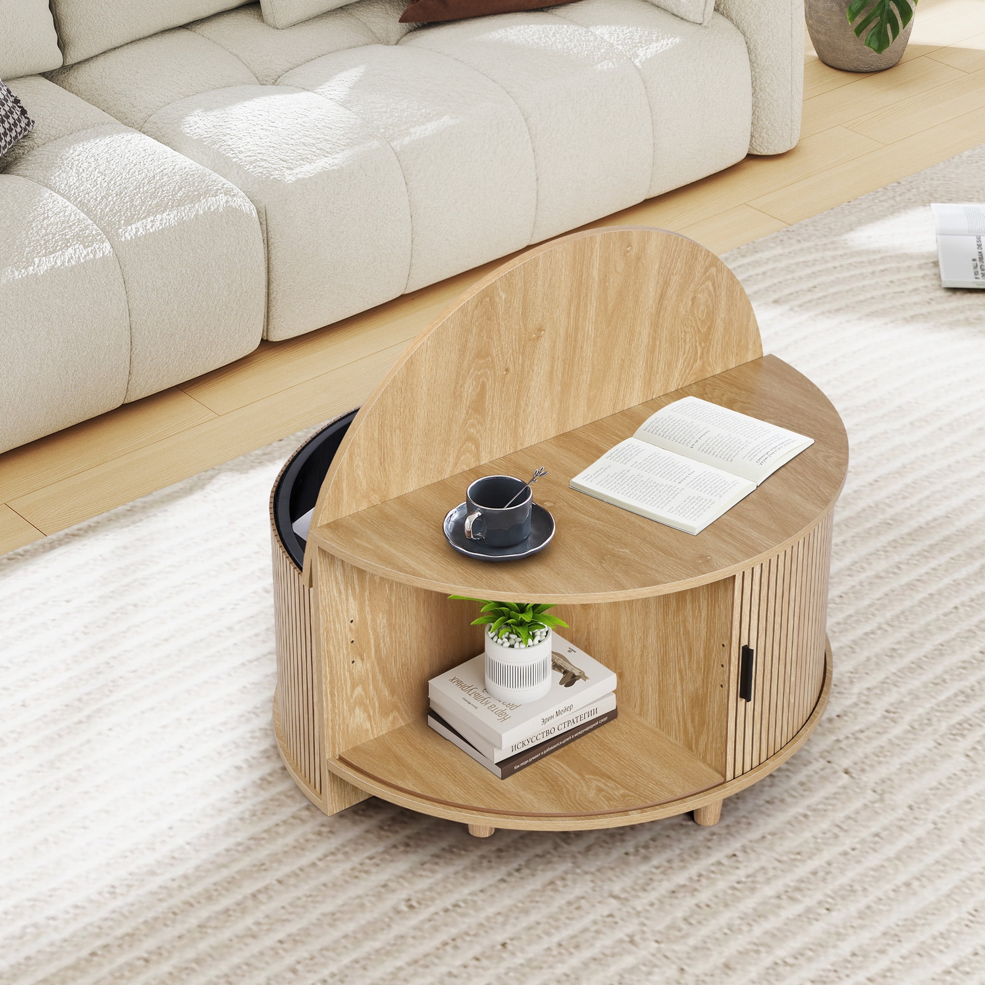 Wirrytor Fluted Round Coffee Table with Flip Top and Hidden Storage Compartments, Mid Century Modern Center Table with Sliding Door for Living Room, Oak Finish
