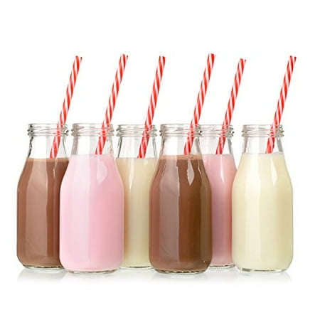 Milk Glass Set Set of 12 - 11 Ounce Glass Milk Bottles with Retro Straws and Metal Twist Lids, Reusable Vintage Dairy Bottle, Clear Beverage Glassware and Drinkware, by California Home Goods ()