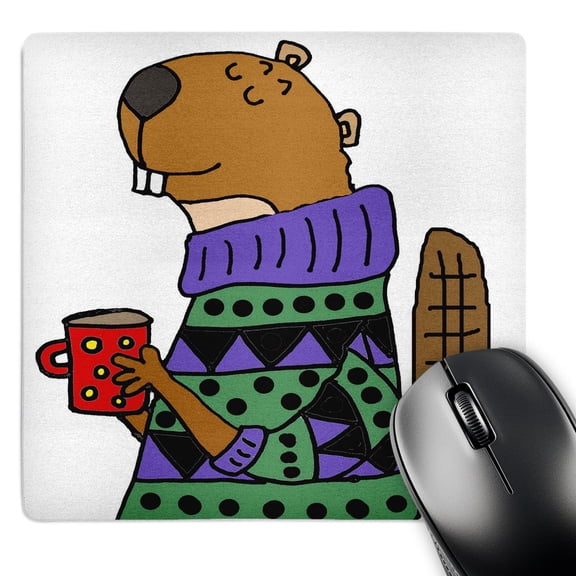 3dRose, Funny Cute Beaver Drinking Coffee wearing Colorful Sweater, MousePad