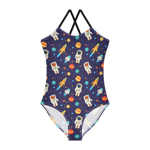 Spaghetti Strap Astronauts Rocket Planet One Piece Swimsuit Stretch Beach Sport Bathing Suit Size 3T-10T