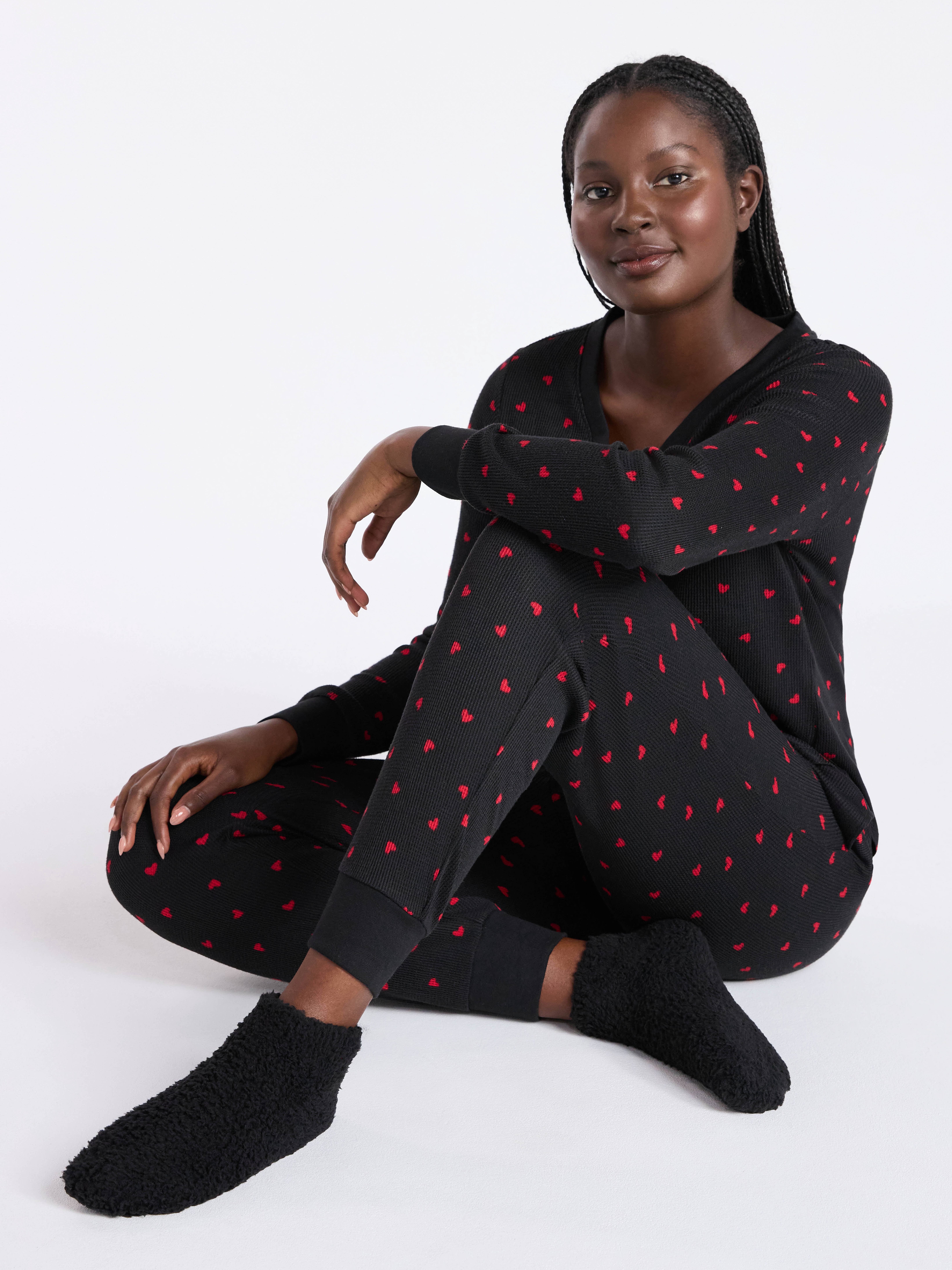 Joyspun Women's Waffle Knit Henley Sleep Top, Joggers and Socks Pajama Set, 3-Piece, Sizes XS-3X