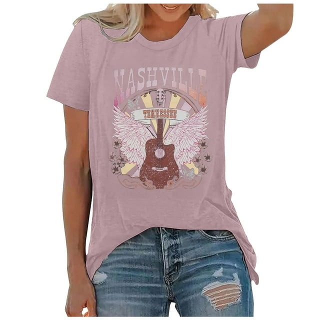 WEIYLL T-Shirts pour Femmes Musique Country Vintage Imprimé Graphique Manches Courtes Hauts Roses Tailles m