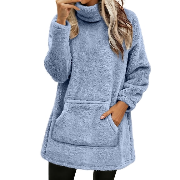 Women's Extra Long Sherpa Lined Fleece Sweatshirt, Cozy Sweaters for Women Women's Extra Long Sherpa Lined Fleece Sweatshirt Fleece Turtleneck Pullover for Cold Weather Fall Outfits, Light Blue XL