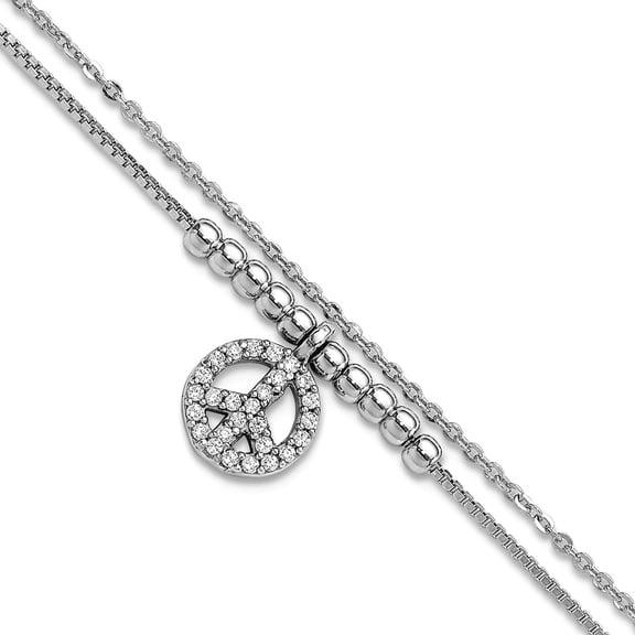 1.8mm 925 Sterling Silver Cubic Zirconia Peace Sign Beaded Bracelet 7.5 Inch Link Bracelet for Women