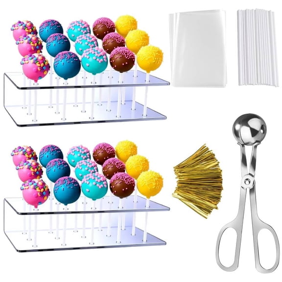 Cake Pop Kit 2 Pack Acrylic Cakepop stand 15-Hole,Including 100PCS Clear Treats Bags,100 Lollipop Sticks and 100PCS Metallic Twist Ties for Candy Cake Pop Sticks Making Tools