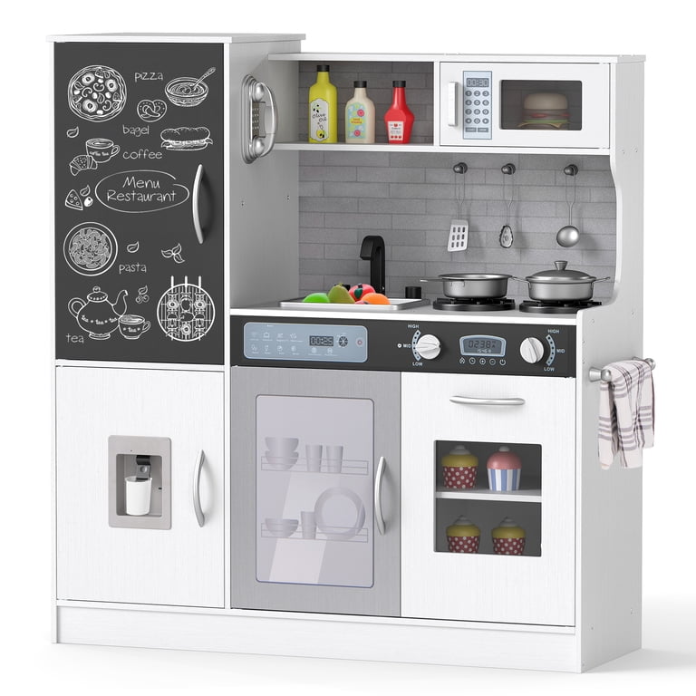 Gymax Play Kitchen Toy Set w/ Chalkboard Oven Sink Curtain