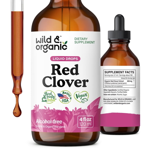 Suplemento de tintura de trébol rojo silvestre y orgánico, 180 ml, 2 meses