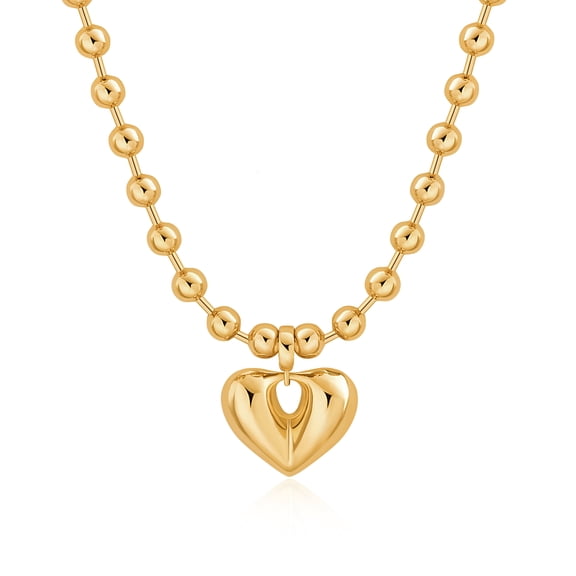 Aobei Pearl 18K Gold Plated Puffy Hollow Heart Pendant Necklace Chunky Ball Chain Choker Beads Station Necklace Layering Jewelry 18”   2”