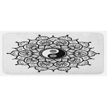 Ying Yang Kitchen Mat, Retro Floral Yin Yang Design with Mandala Patterns Paisley Leaves Petals Boho, Plush Decorative Kitchen Mat with Non Slip Backing, 47" X 19", Black White, by Ambesonne