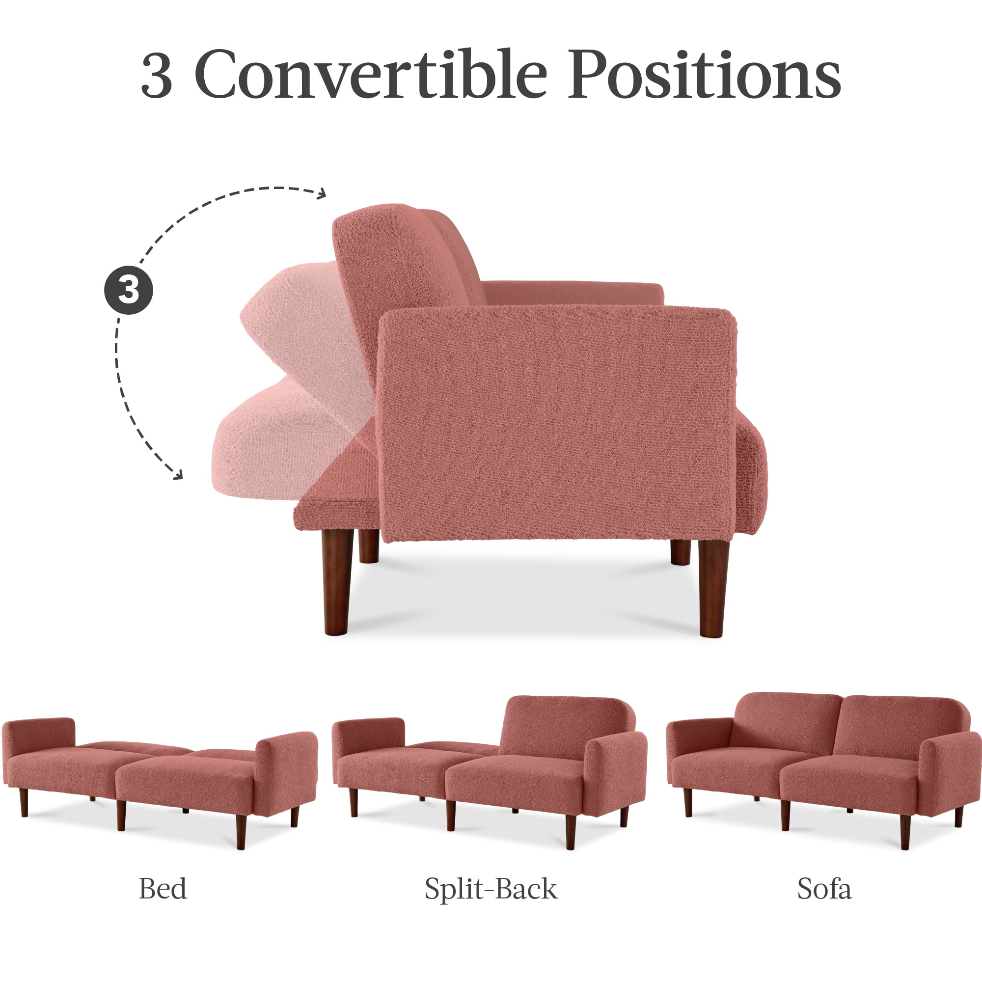 Best Choice Products Curved Convertible Futon, Boucle Fabric Split-Back Sleeper Bed - Mauve