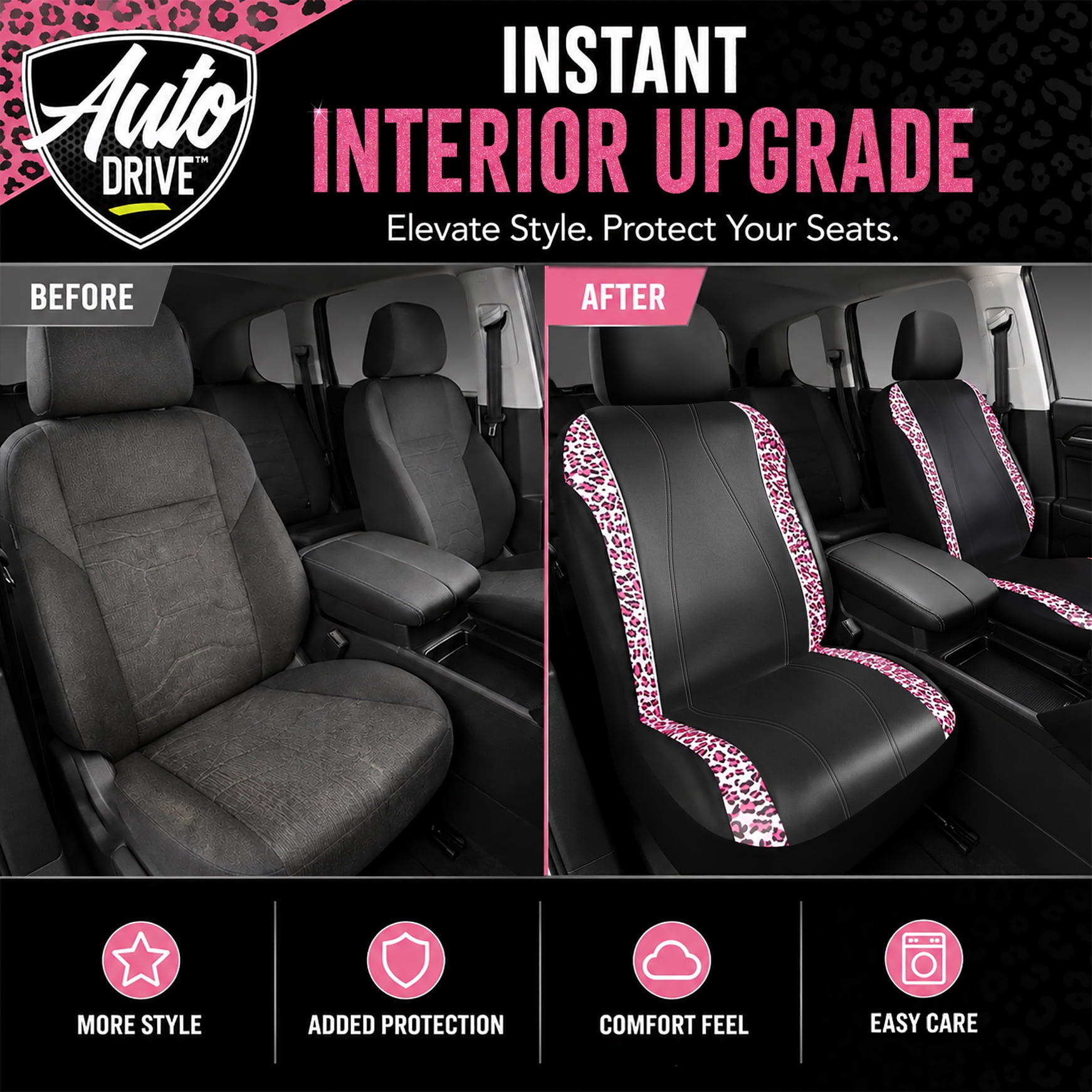 Auto Drive Car Seat Covers, Pink Leopard Print Car Seat Covers with Rhinestone Trim, Fashion Front Seat Covers, Universal Fit, Airbag Compatible for Cars, SUVs and Trucks.