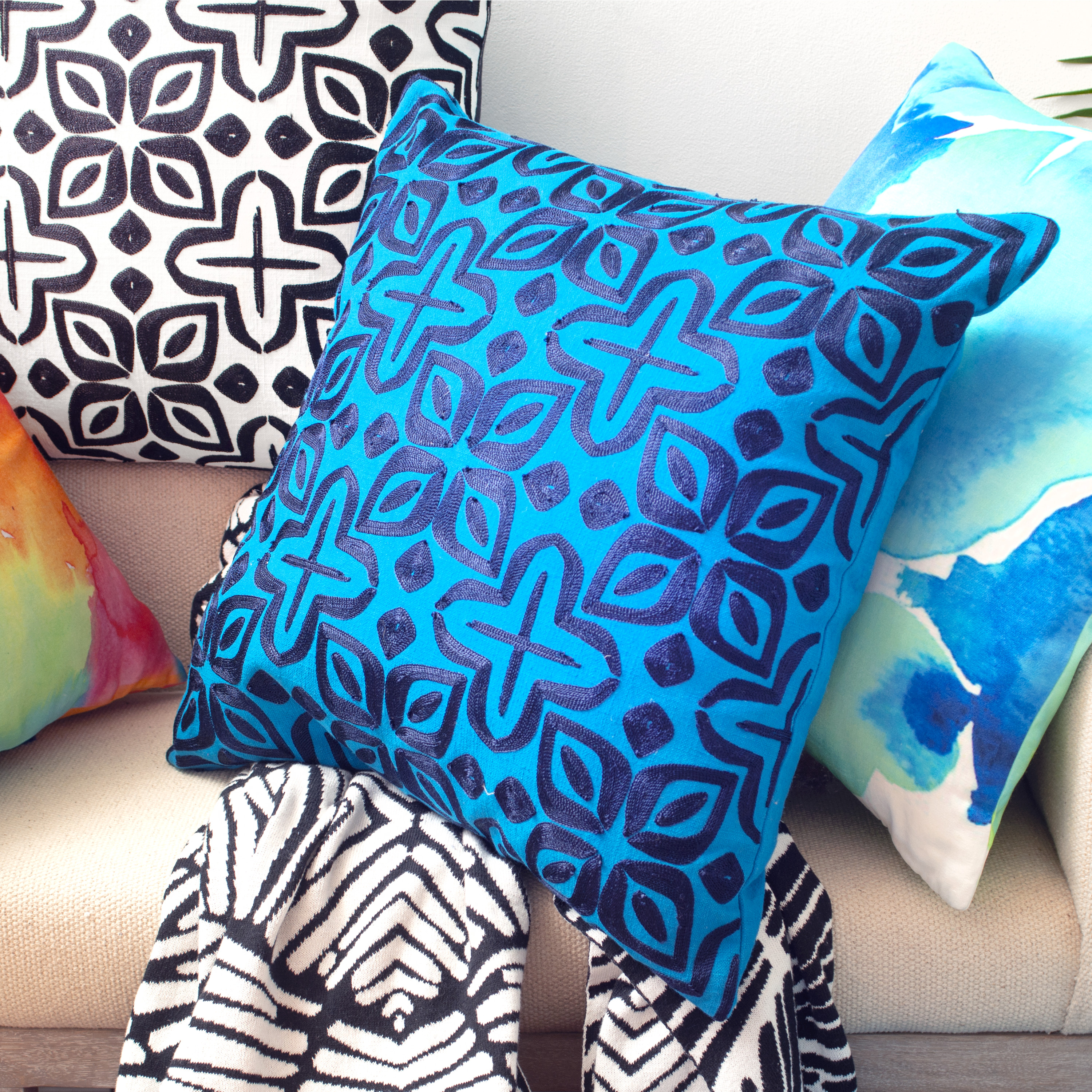 Rochelle Porter Beauty Decorative Square Pillow, Throw, Peacock, Blue, Cotton , Polyfill, 20"x20", 1 Count