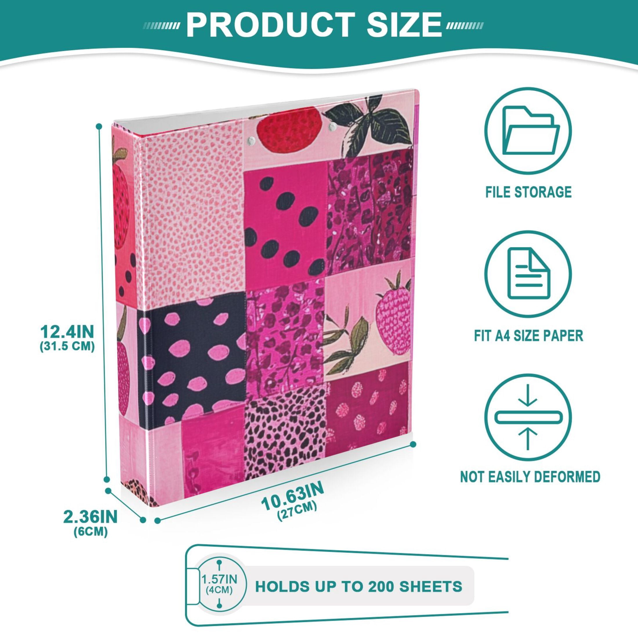 Cubes Pink Straberries 3 Ring Binders 1.5 inch Hardcover File Folders with Interior Pockets A4 Size Organizer for School Office Hospital