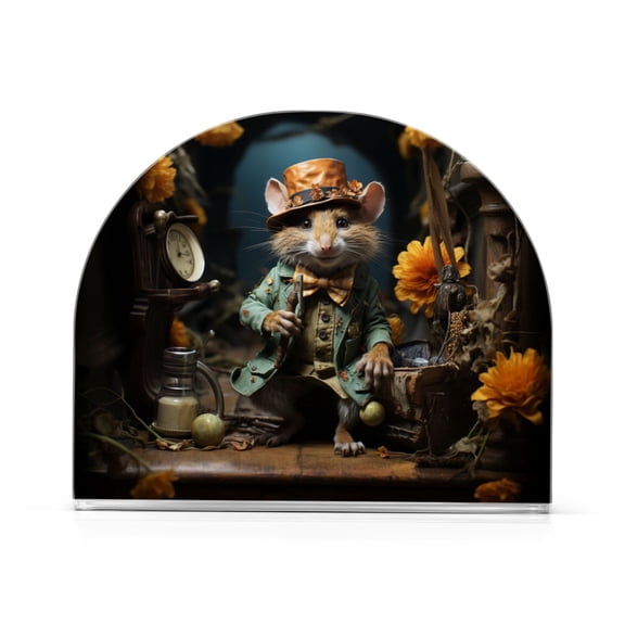 Rat Mouse Flowers Clock Napkin Holder for Table Clear Napkin Stand Paper Holder Acrylic Organizer Dispenser Napkins for Dinner Kitchen Restaurant Room