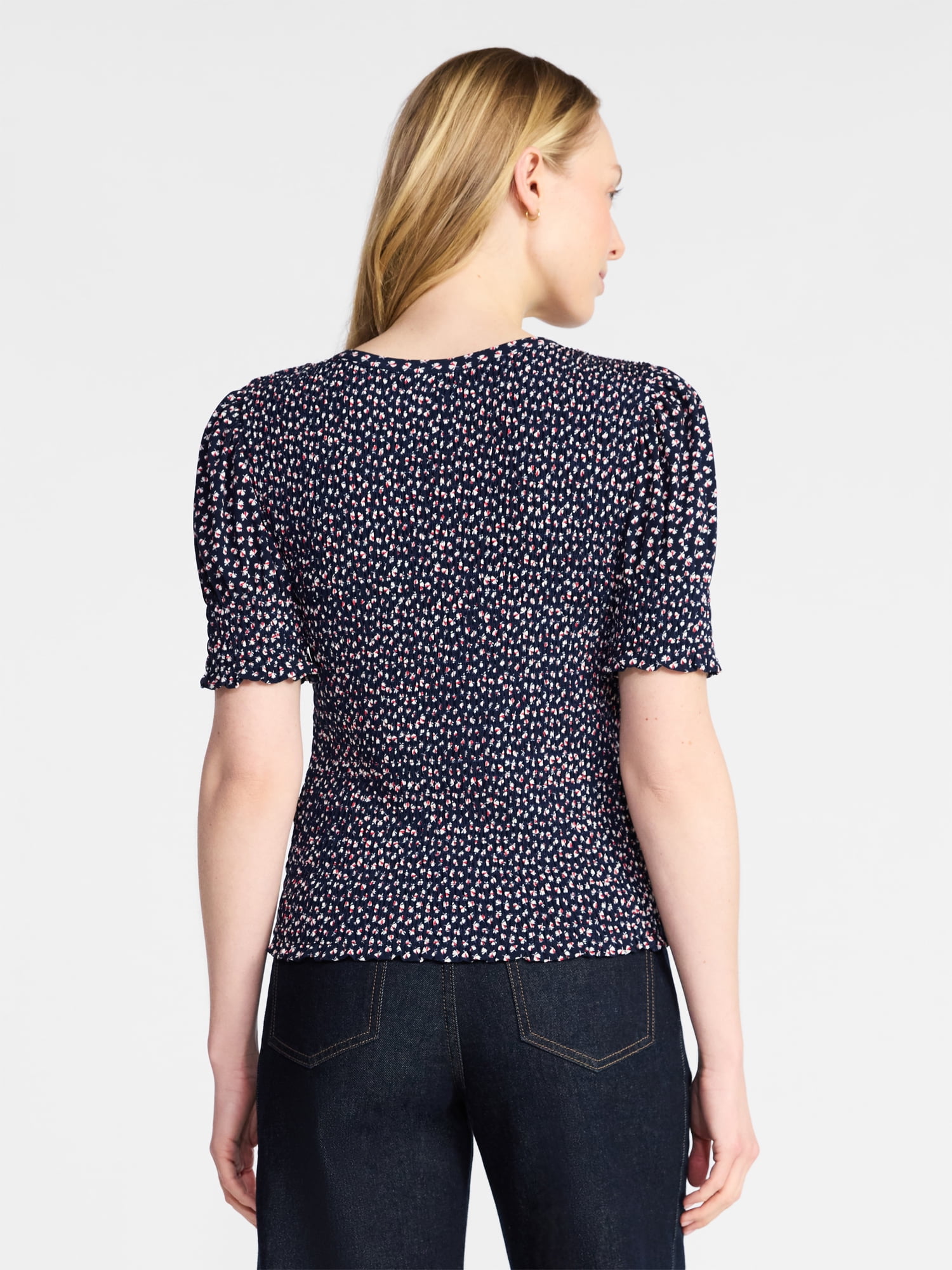 Time and Tru Women's Smocked Top with Short Puff Sleeves, Sizes XS-XXXL