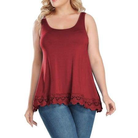 ANYFIT WEAR Plus Size Camisole with Built in Bra Padded Tank Tops for Women Flowy Sleeveless Summer Tops with Lace Hem Wine XL