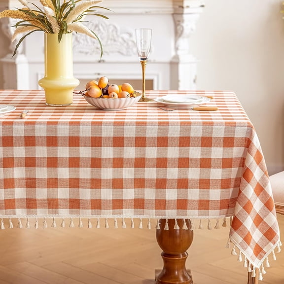 Checkered Fall Tablecloth Rectangle Cotton Linen Gingham Table Cloth with Tassel Washable Wrinkle Free Heavy Duty Buffalo Plaid Table Cover for Dining/Party/Picnic (Orange, 55" x 70" (Rectangular))