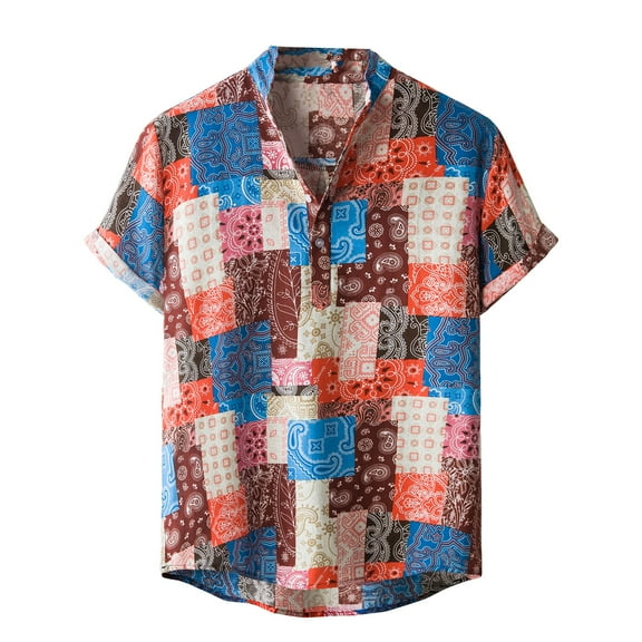 MIUOWANP Men's Short Sleeve Shirts Casual Hawaiian Style Print Button Lapel Beach Shirt Size L(8)Red