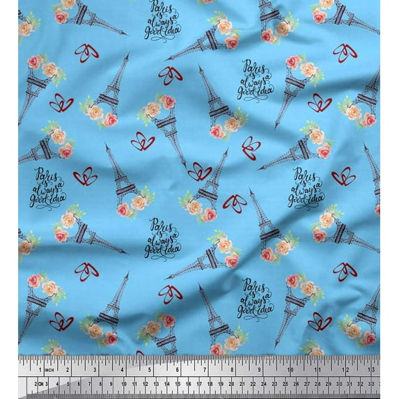 Soimoi Cotton Poplin Fabric Text,Floral & Eiffel Tower Architectural Print Fabric by Yard 42 Inch Wide