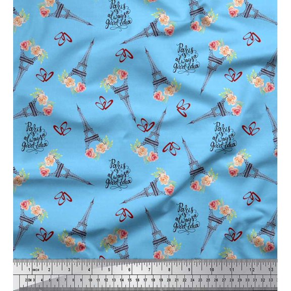 Soimoi Cotton Duck Fabric Text,Floral & Eiffel Tower Architectural Printed Fabric 1 Yard 42 Inch Wide