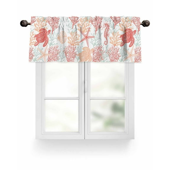 Coral Red Pastel Aqua Coastal Kitchen Valances for Windows Ocean Animals Pattern Valance Curtains for Kitchen /Living Room/Bedroom/ Bathroom Decor, 42"x12 " ,Rod Pocket 1 Panel,