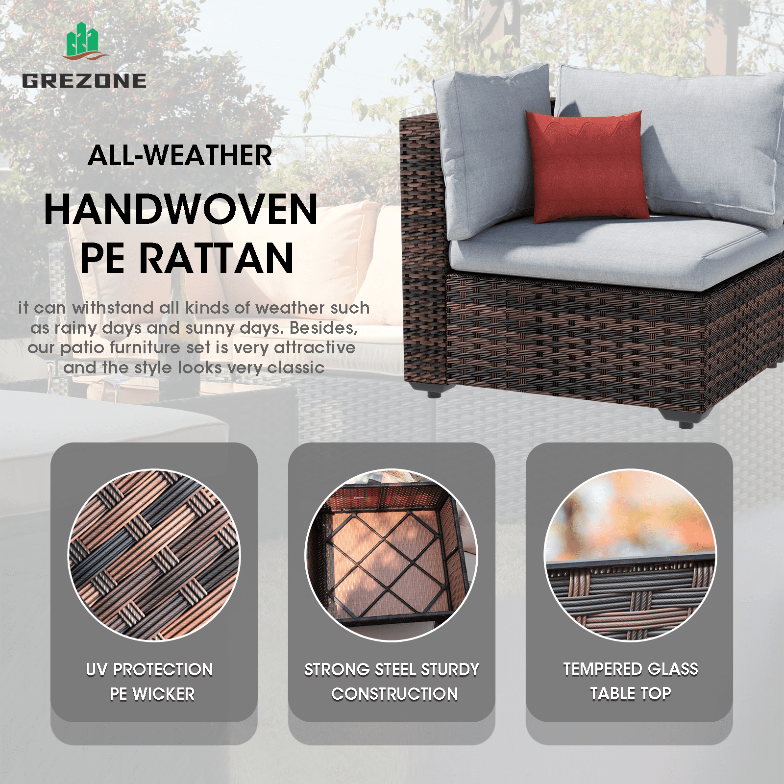 Grezone 13 Piece Patio Furniture Set with Fire Pit Table, All Weather Outdoor Sectional PE Rattan, Patio Conversation Sets with Cushions and Glass Coffee Table for Garden Lawn Balcony