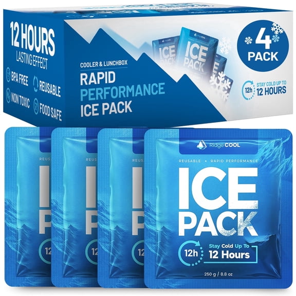 Ridgecool Reusable Ice Packs for Coolers, Lunch Bags, and Lunch Boxes, 4 Pack, Cold 12 Hours, BPA-Free, Leakproof, Food Safe