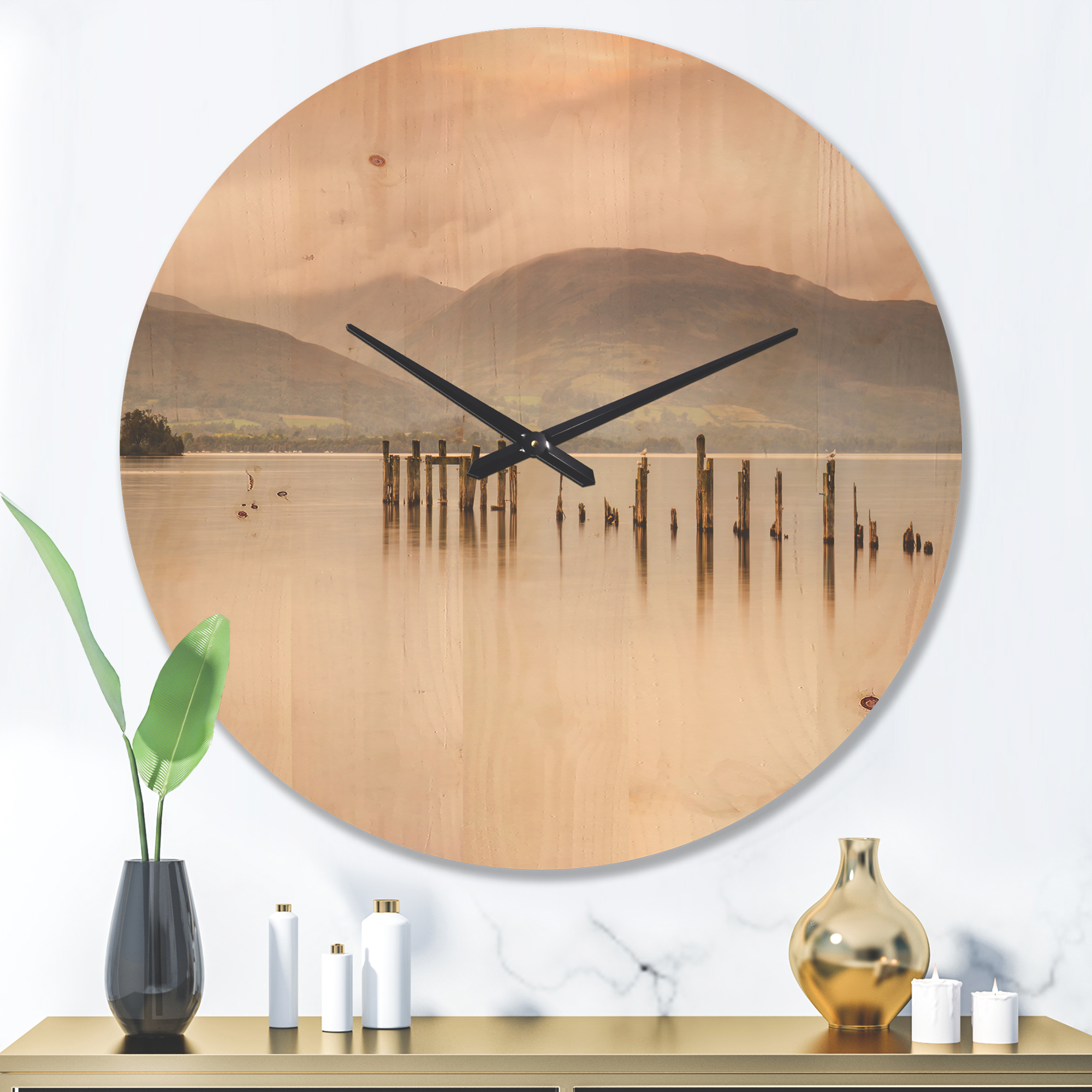 Designart 'Loch Lomond Jetty and Mountains Landscape' Modern Wood Wall Clock