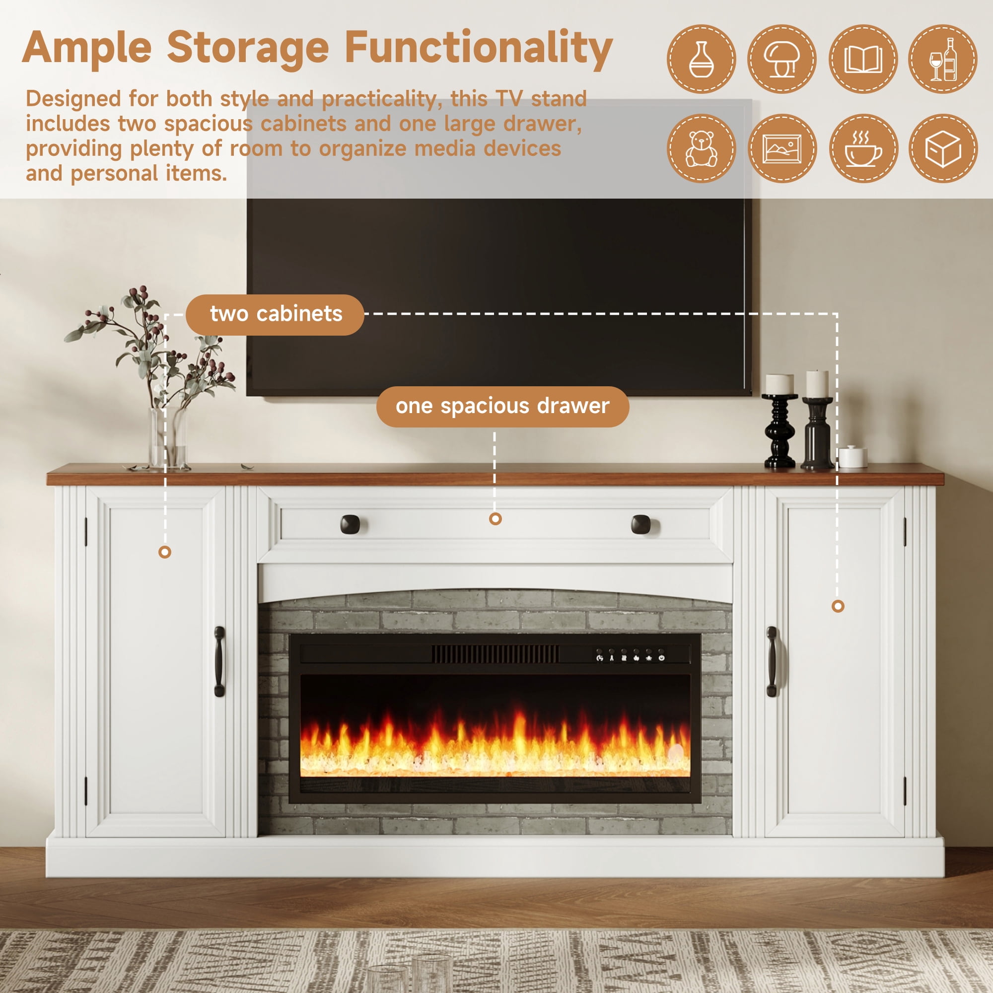 Mintazer Farmhouse Electric Fireplace TV Stand for TVs Up to 70", Entertainment Center with 2 Storage Cabinets & Large Drawer and Adjustable Shelves for Living Room, White