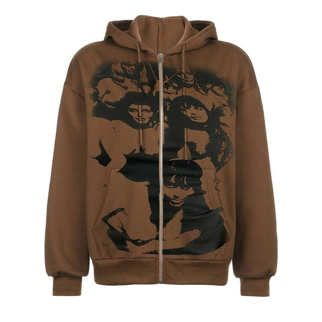 ITFABS Manteau Femme, Imprimé Portrait Long à Capuche avec Fermeture Éclair et Poches