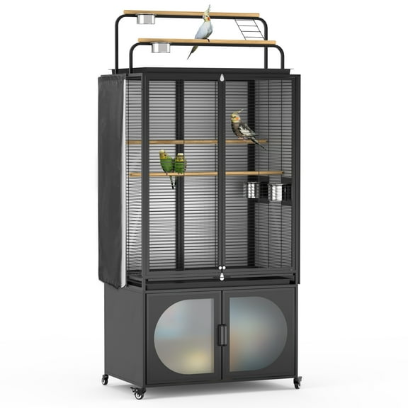 GDLF 72-Inch Bird Cage With Play Top and Rolling Storage Cabinet Extra Large With Cover for Parrot, Parakeet, Cockatiel, Budgie , Parrotlet, Green Cheek Conure
