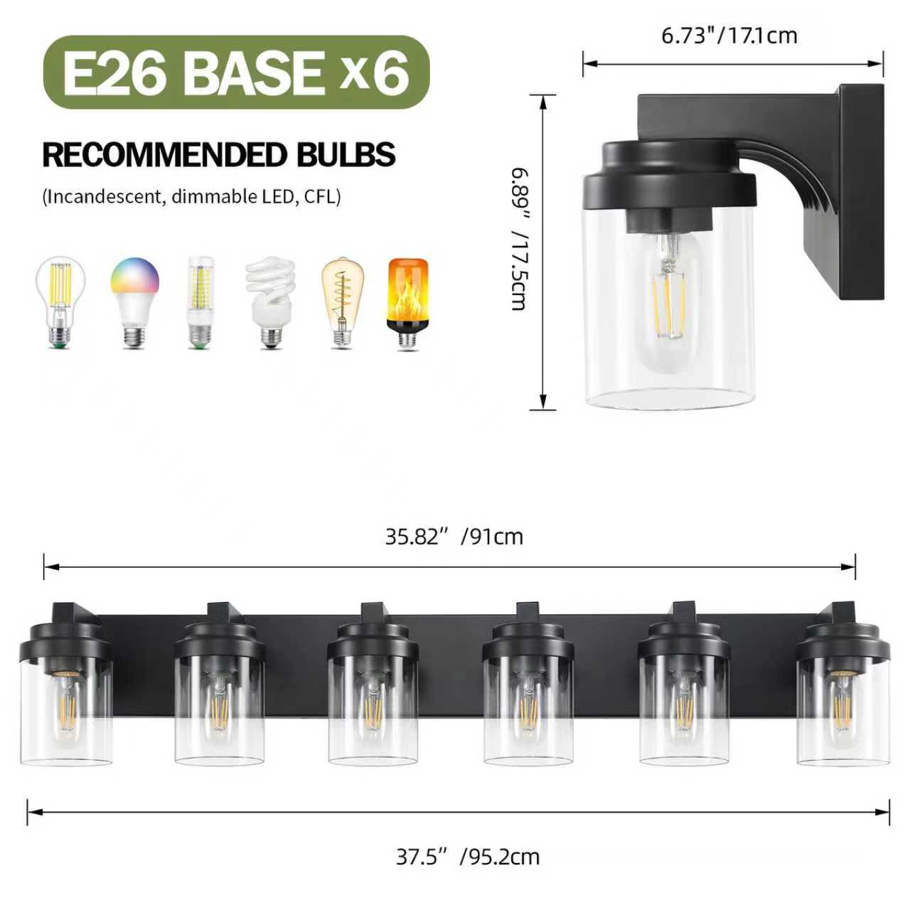 Miniyam 6 Light Bathroom Vanity Light, Matte Black Light Fixtures with Clear Glass Shade Over Mirror for Bedroom Living Room (E26,Bulb Not Included)