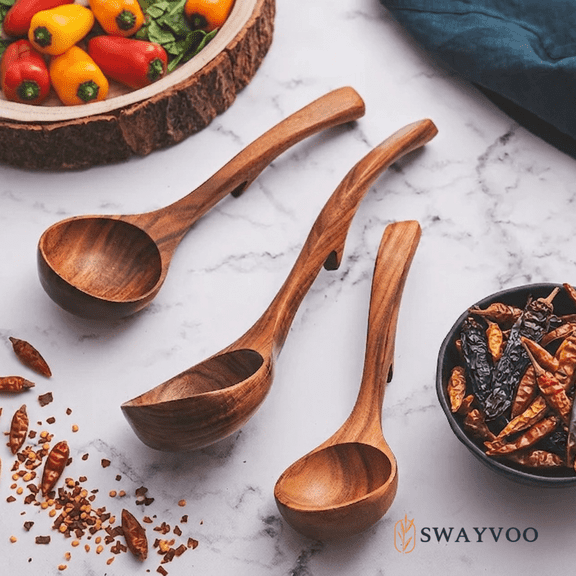 Swayvoo Wooden Ladle Set, Wooden Spoons for Cooking, 3-Piece 100% Natural Teak Soup Ladle & Serving Utensils, Small Medium Large, Heat Resistant, Non-Stick Safe, Gift-Ready