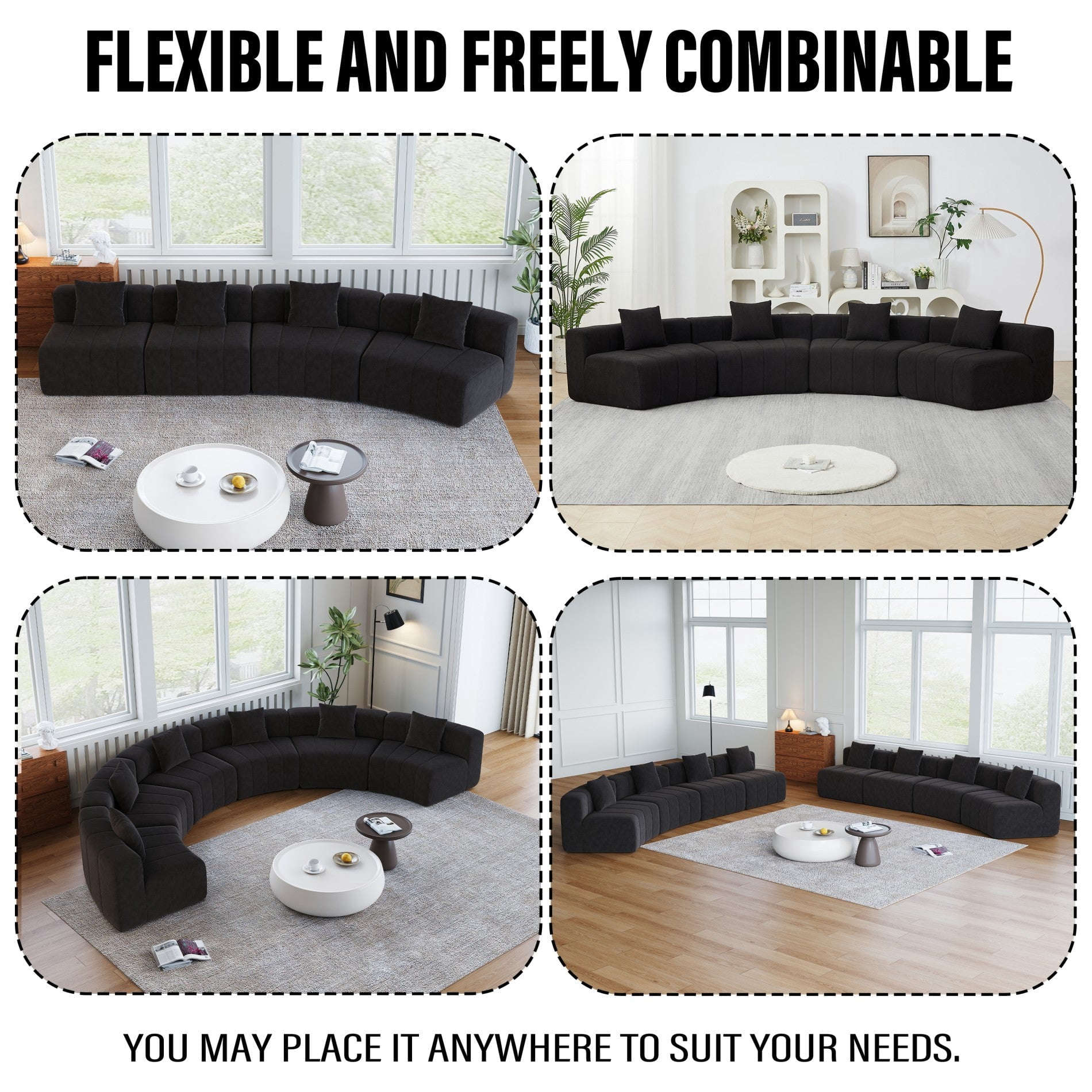 Sailvan 8-Piece Circular Sofa, Modular Curved Sectional with 8 Pillows, Chenille Fabric Piano Key Design Symmetrical Cloud Sofa, No Assembly Black