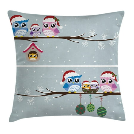 Owl Decorations For Home Christmas Decorations Throw Pillow Cushion Cover, Owl Family with Santa Hats on Tree Branch with Babies in Nest Birds Snow, Decorative Square Accent Pillow Case, 18 X 18 Inches, Grey, by Ambesonne ()