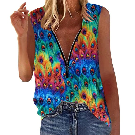 Honeeladyy Sales Online Women Summer Vest Peacock Leopards Stars Print Pattern Shirt Loose Zipper V Neck Tank Tops Sleeveless Soft Tee