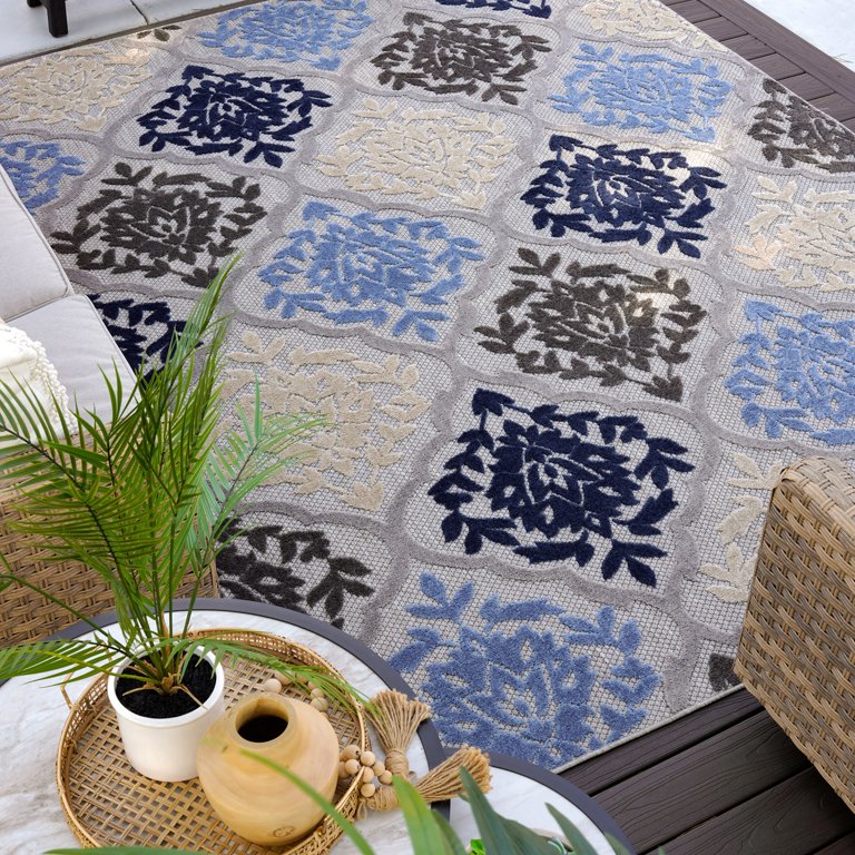 Bliss Rugs Oasis Modern Blue and Gray Outdoor Area Rug, 8' Round