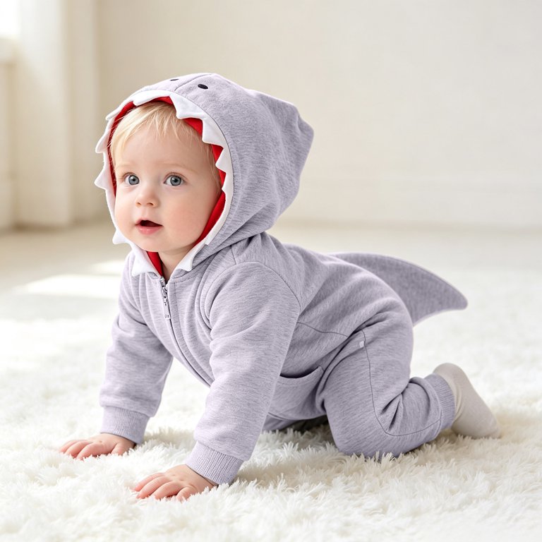 Babi Rampor Pandaie Baby Fleece Hooded Full Zip Jumpsuit 3D Teeth Hood and Tail ...