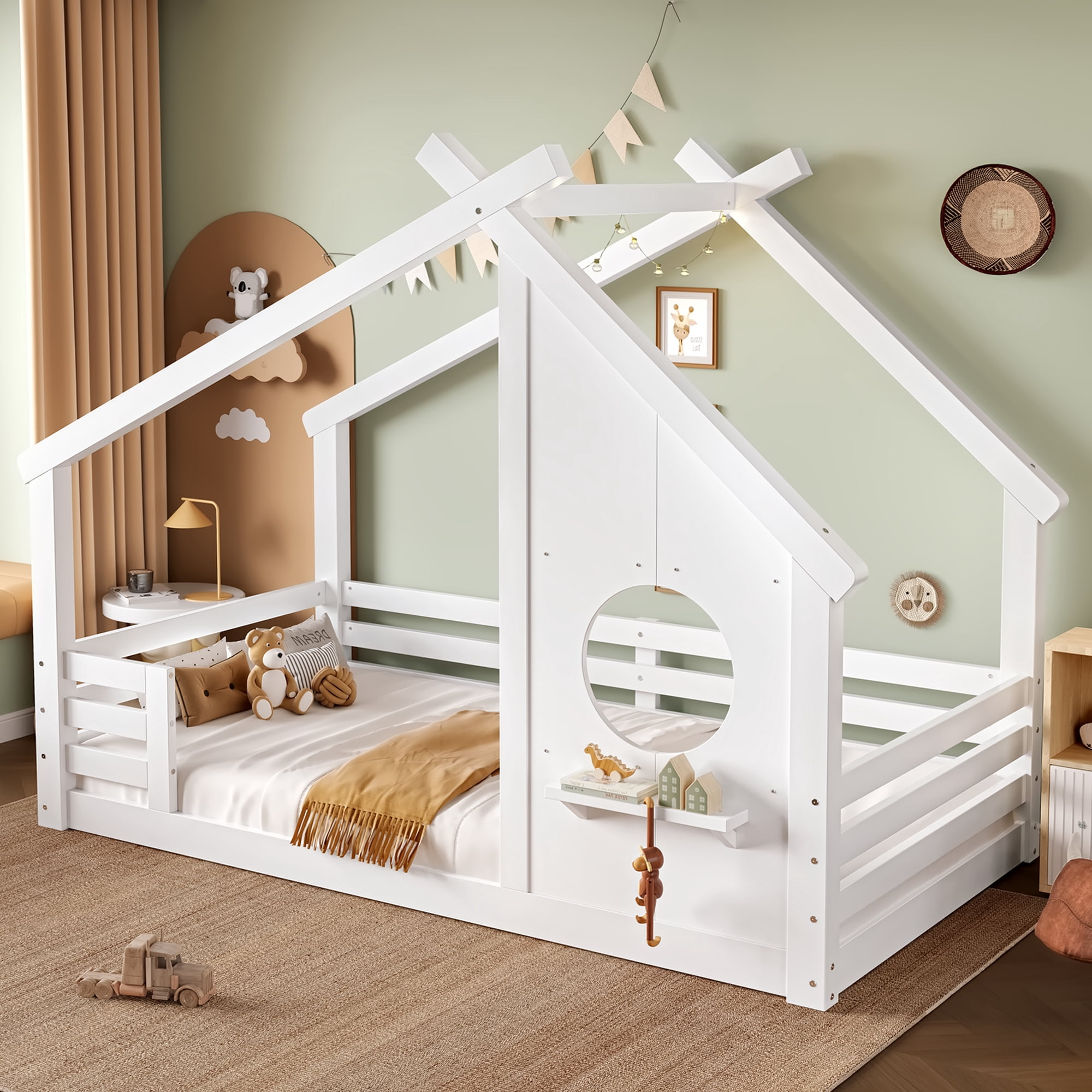 Jopath Twin Size House Floor Bed with Window and a Small Shelf, Solid Wood Floor Bed with House-shaped Roof for Boys Girls White