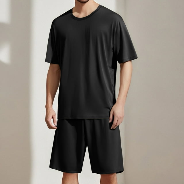 Men's Pajama Set Solid Color Short Sleeve Pullover Casual Loungewear for Relaxation and Home Use