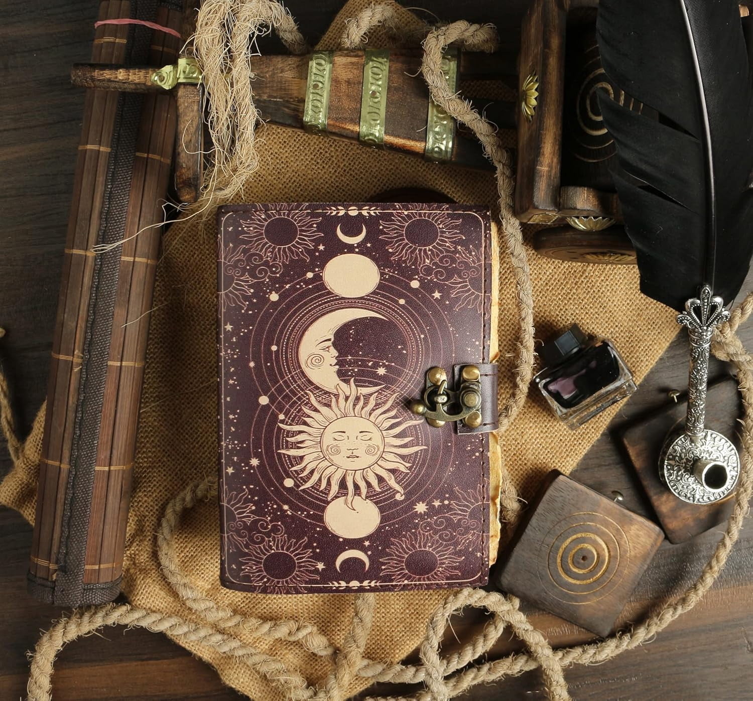 Sun Moon Leather Journal for Men & Women - Blank Spell Book of Shadows Grimoire Witchy Journal, 200 Deckle Edge Vintage Paper, Leather Journal, Gothic Gift (8x6)